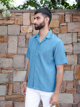 Teal Blue Oversized Striped Popcorn Texture Half Sleeves Shirt