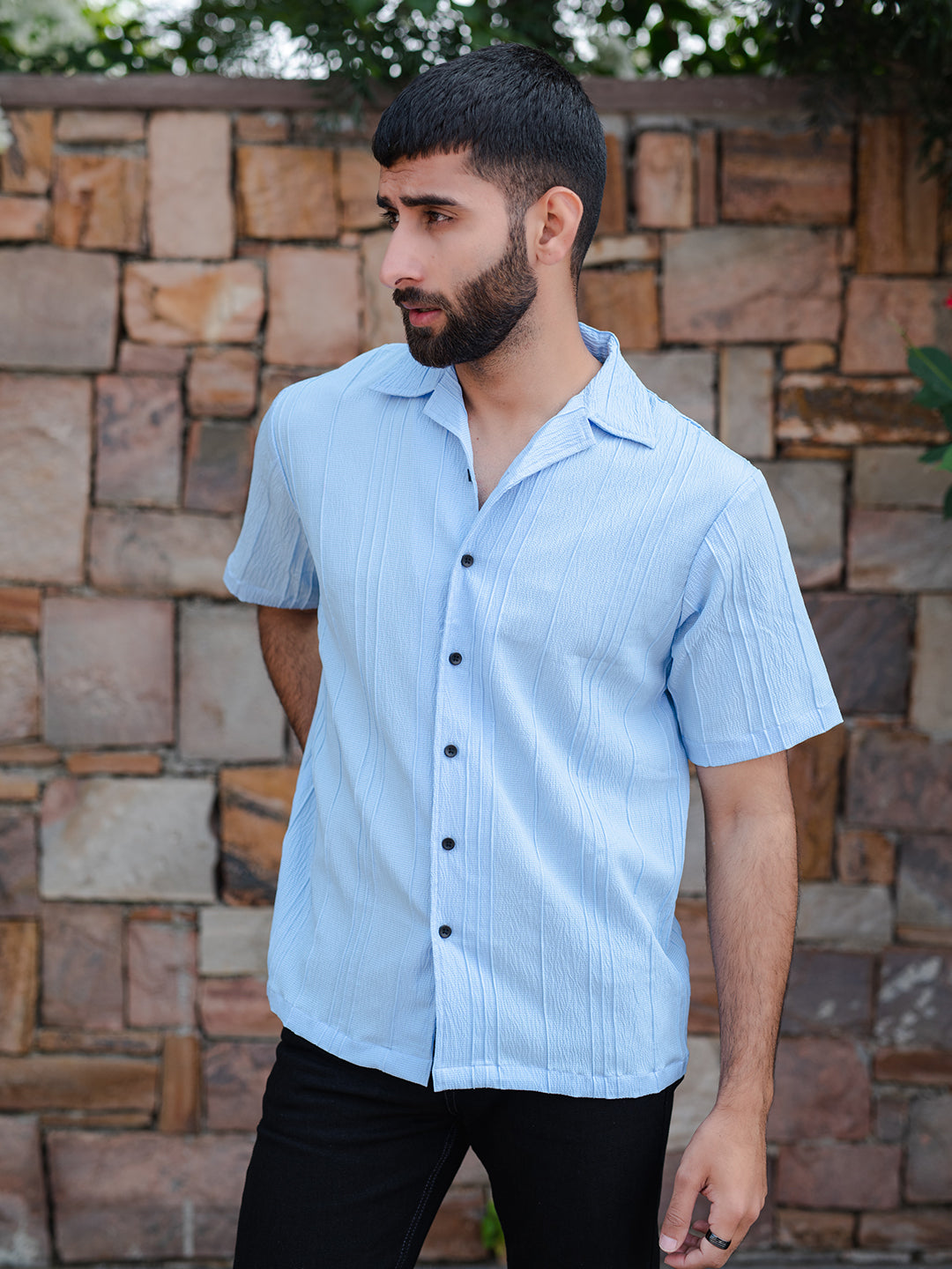 Pale Blue Oversized Striped Popcorn Texture Half Sleeves Shirt