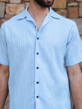 Pale Blue Oversized Striped Popcorn Texture Half Sleeves Shirt