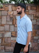 Pale Blue Oversized Striped Popcorn Texture Half Sleeves Shirt