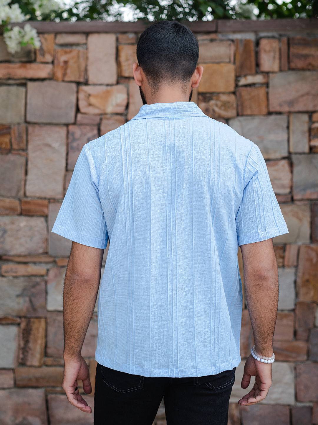 Pale Blue Oversized Striped Popcorn Texture Half Sleeves Shirt