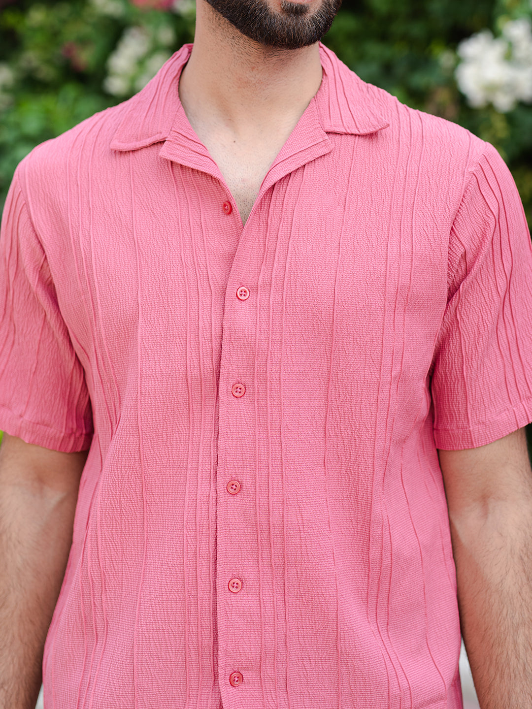 Pink Oversized Striped Popcorn Texture Half Sleeves Shirt