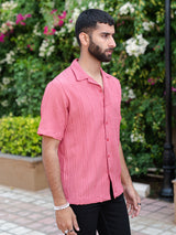 Pink Oversized Striped Popcorn Texture Half Sleeves Shirt