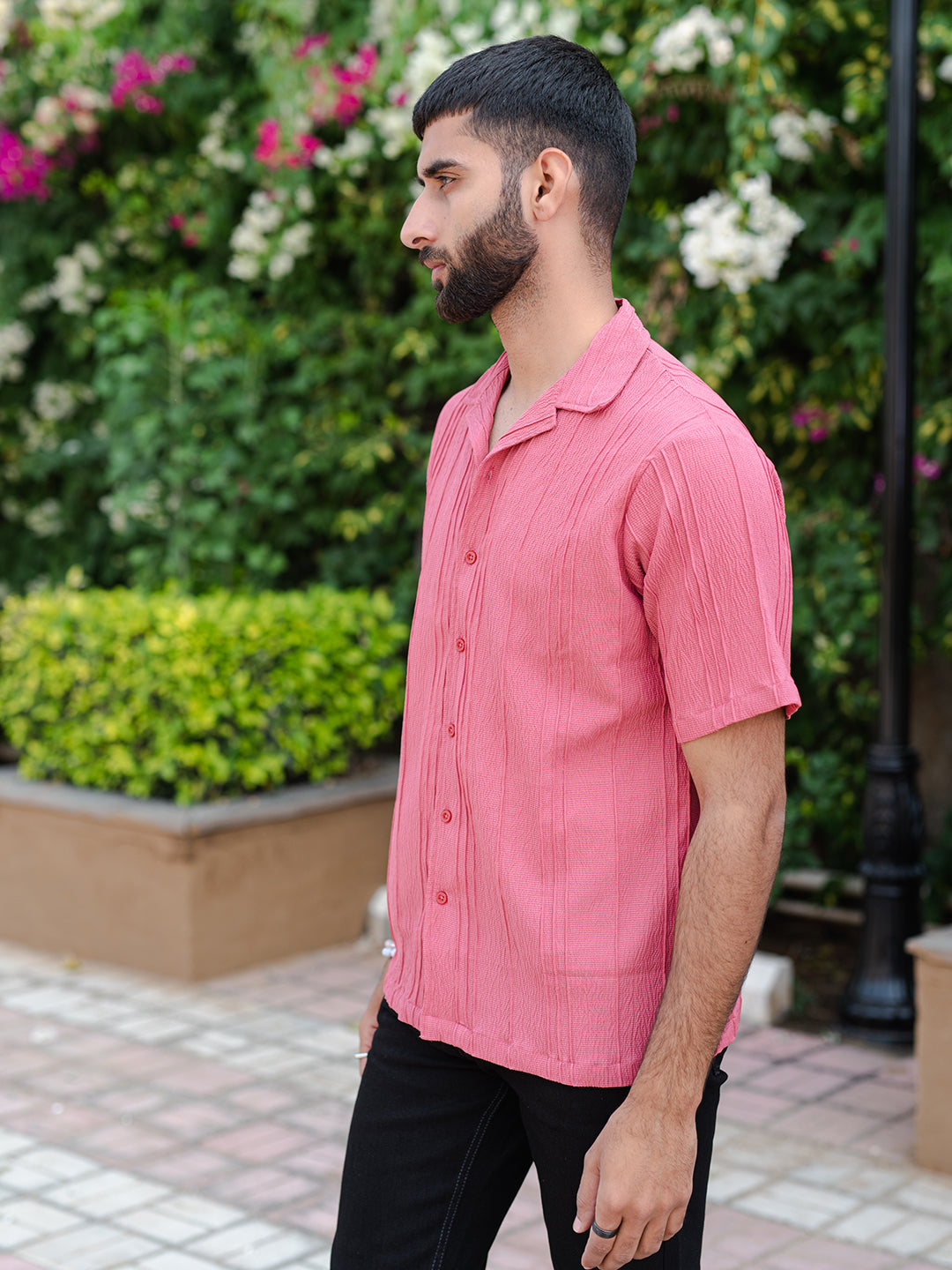 Pink Oversized Striped Popcorn Texture Half Sleeves Shirt