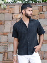 Black Oversized Checks Popcorn Texture Half Sleeves Shirt