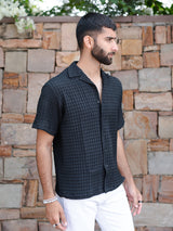 Black Oversized Checks Popcorn Texture Half Sleeves Shirt