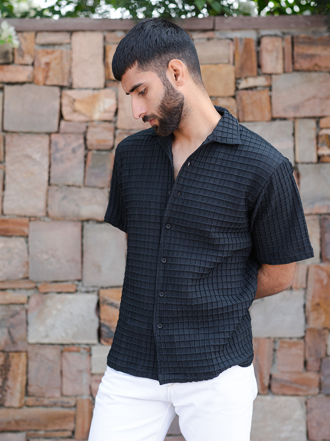 Black Oversized Checks Popcorn Texture Half Sleeves Shirt