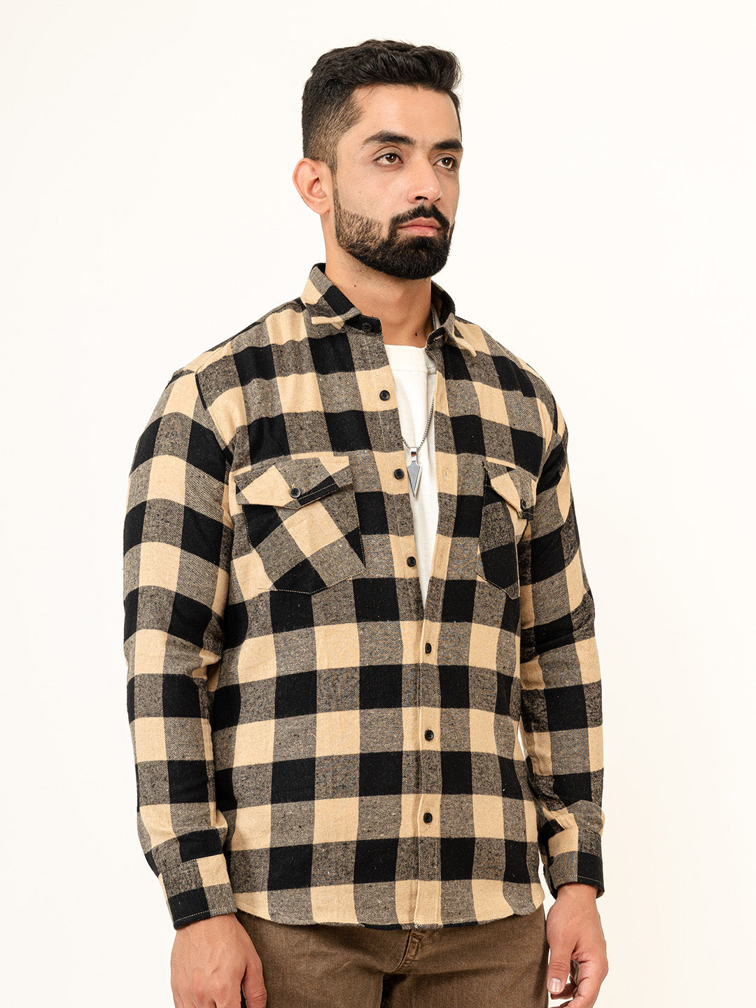 Beige Checks 2 Pockets Full Sleeves Combed Cotton Shirt