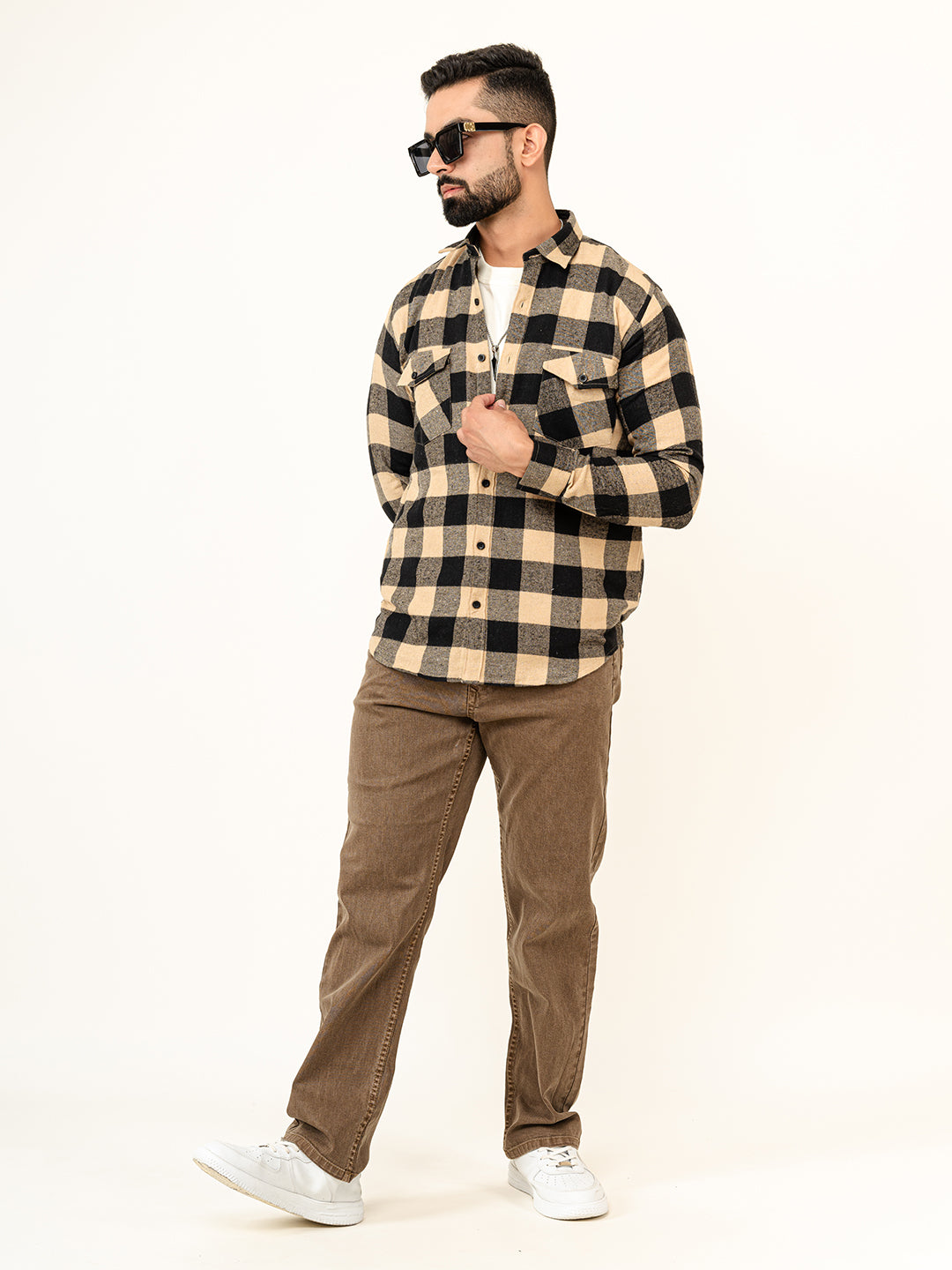 Beige Checks 2 Pockets Full Sleeves Combed Cotton Shirt