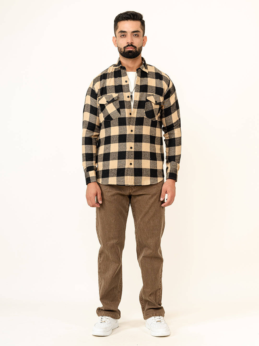 Beige Checks 2 Pockets Full Sleeves Combed Cotton Shirt