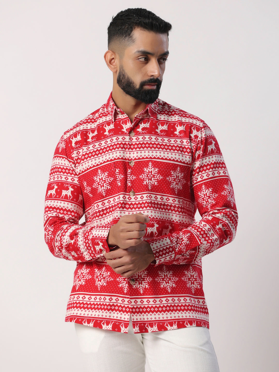 Red Christmas Reindeer  Full Sleeves Flannel Printed Shirt