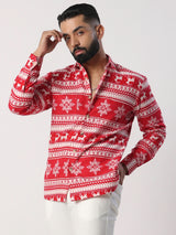 Red Christmas Reindeer  Full Sleeves Flannel Printed Shirt