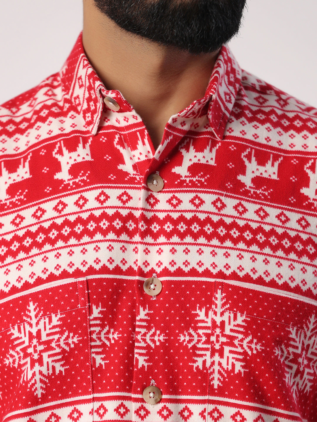 Red Christmas Reindeer  Full Sleeves Flannel Printed Shirt