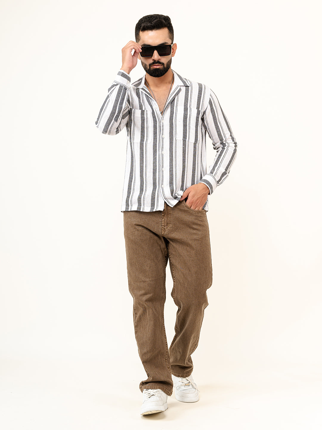 White Full Sleeves Cotton Striped Shirt