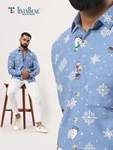 Powder Blue Snowflakes Full Sleeves Flannel Printed Shirt