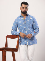 Powder Blue Snowflakes Full Sleeves Flannel Printed Shirt