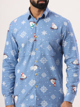 Powder Blue Snowflakes Full Sleeves Flannel Printed Shirt