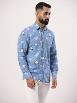 Powder Blue Snowflakes Full Sleeves Flannel Printed Shirt