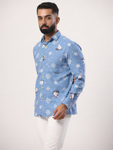 Powder Blue Snowflakes Full Sleeves Flannel Printed Shirt