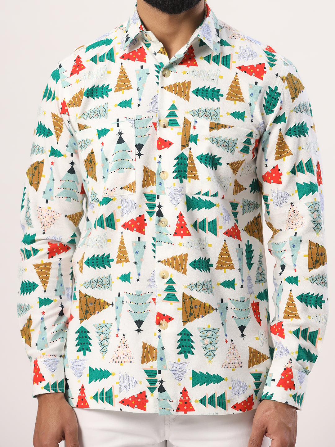 White Christmas Tree Full Sleeves Flannel Printed Shirt