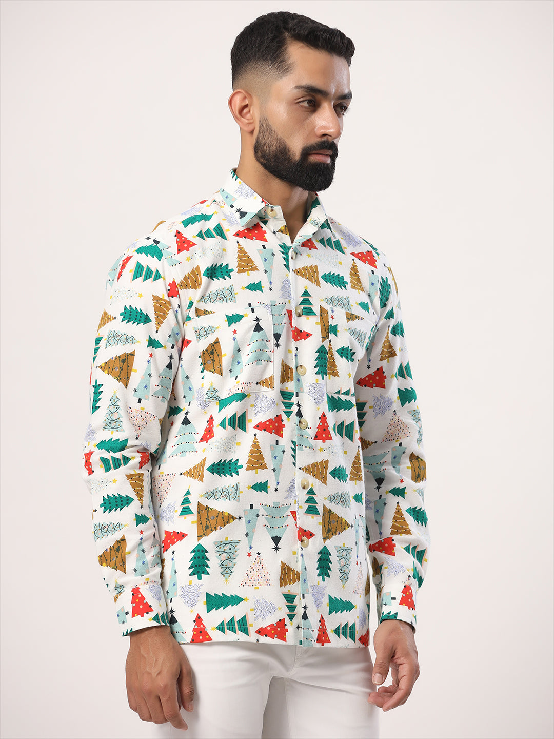 White Christmas Tree Full Sleeves Flannel Printed Shirt