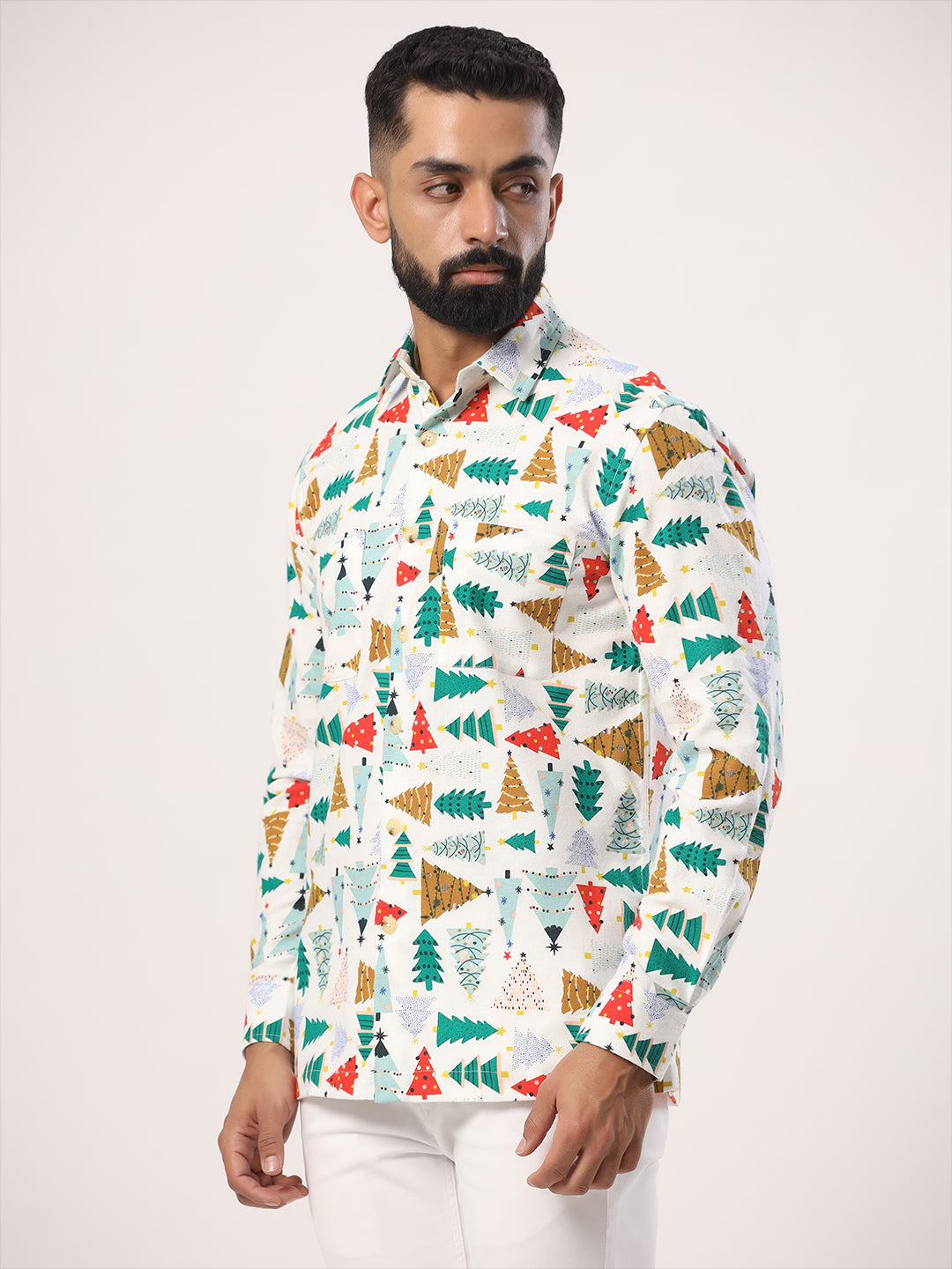 White Christmas Tree Full Sleeves Flannel Printed Shirt