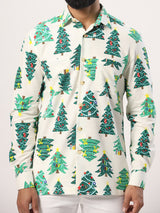 White Christmas Tree Printed Full Sleeves Flannel Shirt