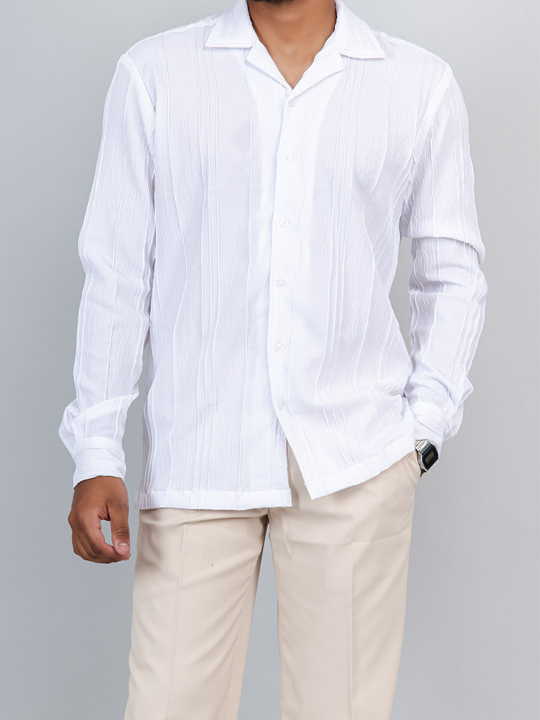 White Popcorn Textured Full Sleeves Shirt