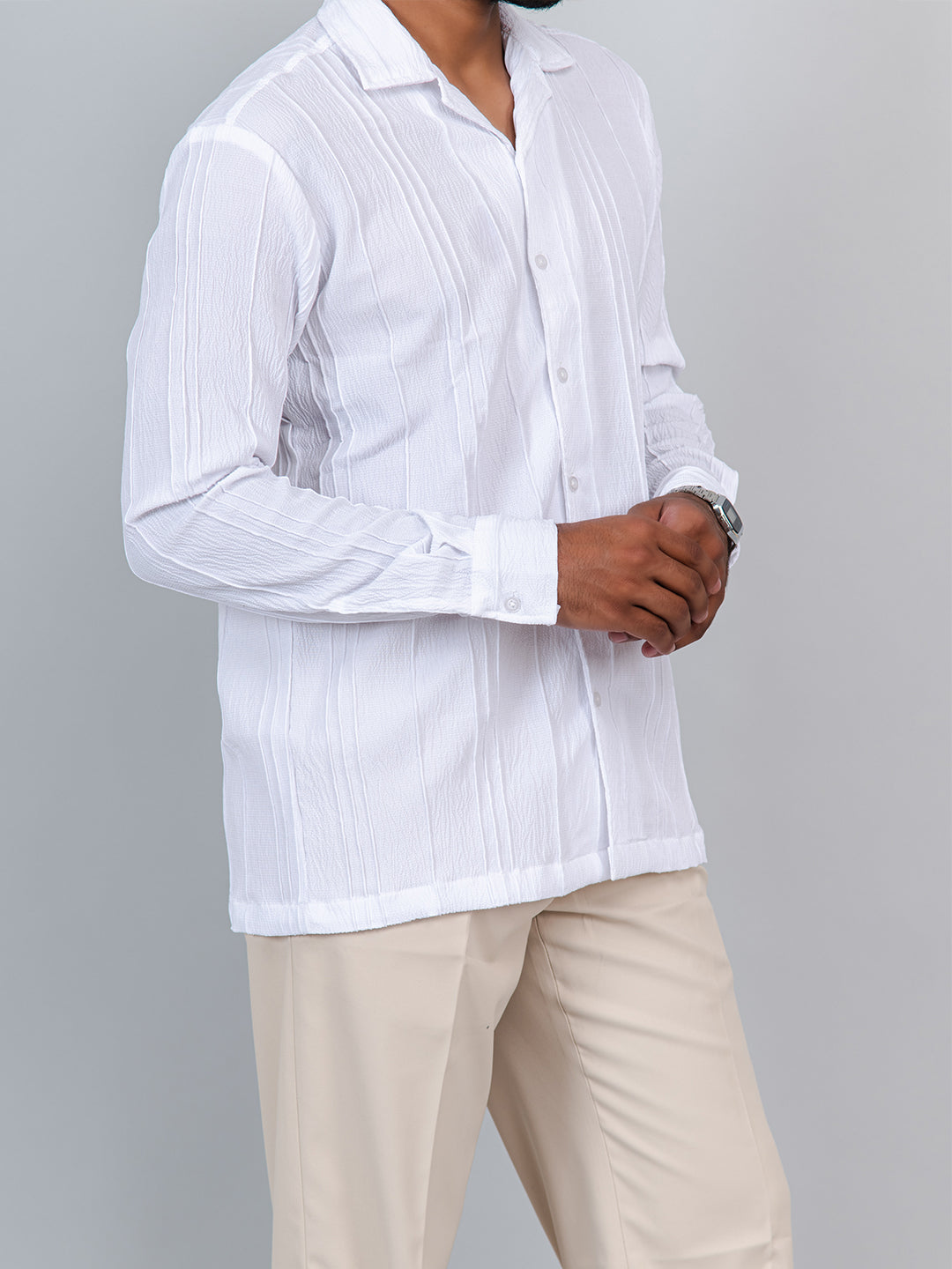 White Popcorn Textured Full Sleeves Shirt