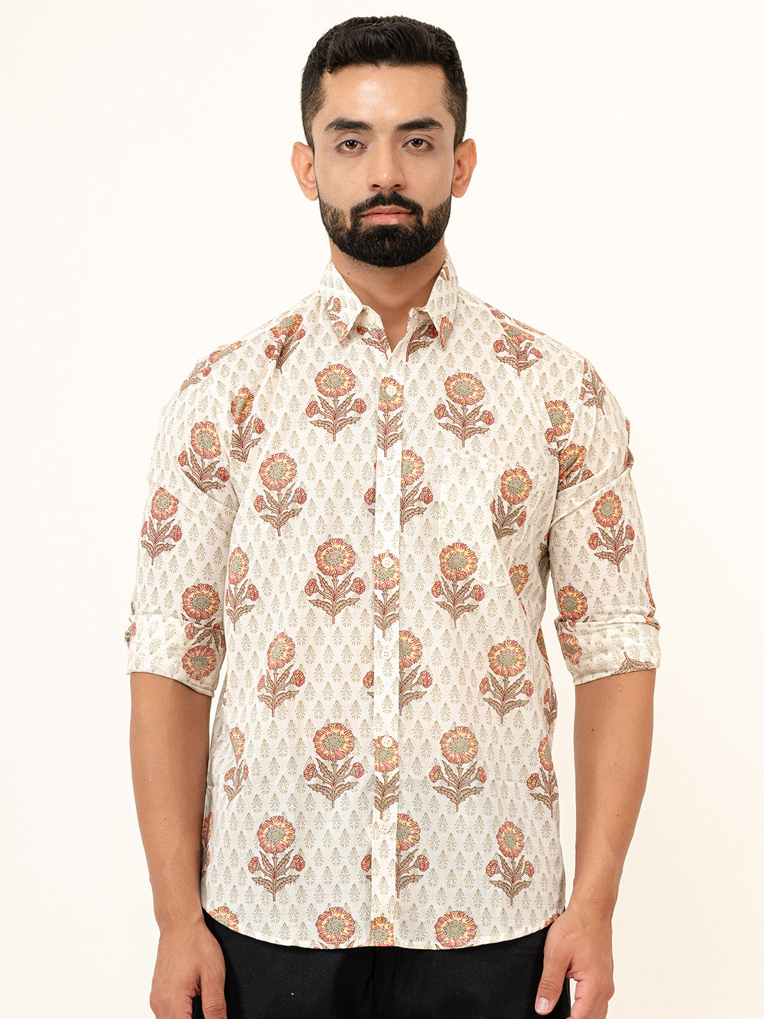 Off White Full Sleeves Cotton Printed Shirt