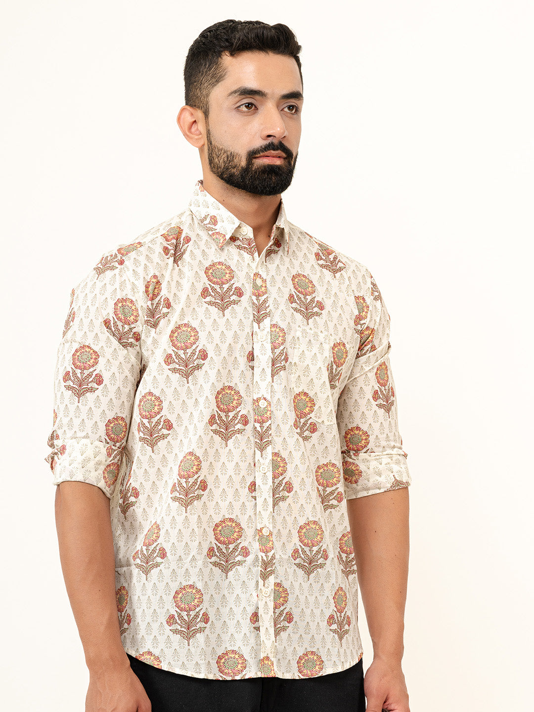 Off White Full Sleeves Cotton Printed Shirt