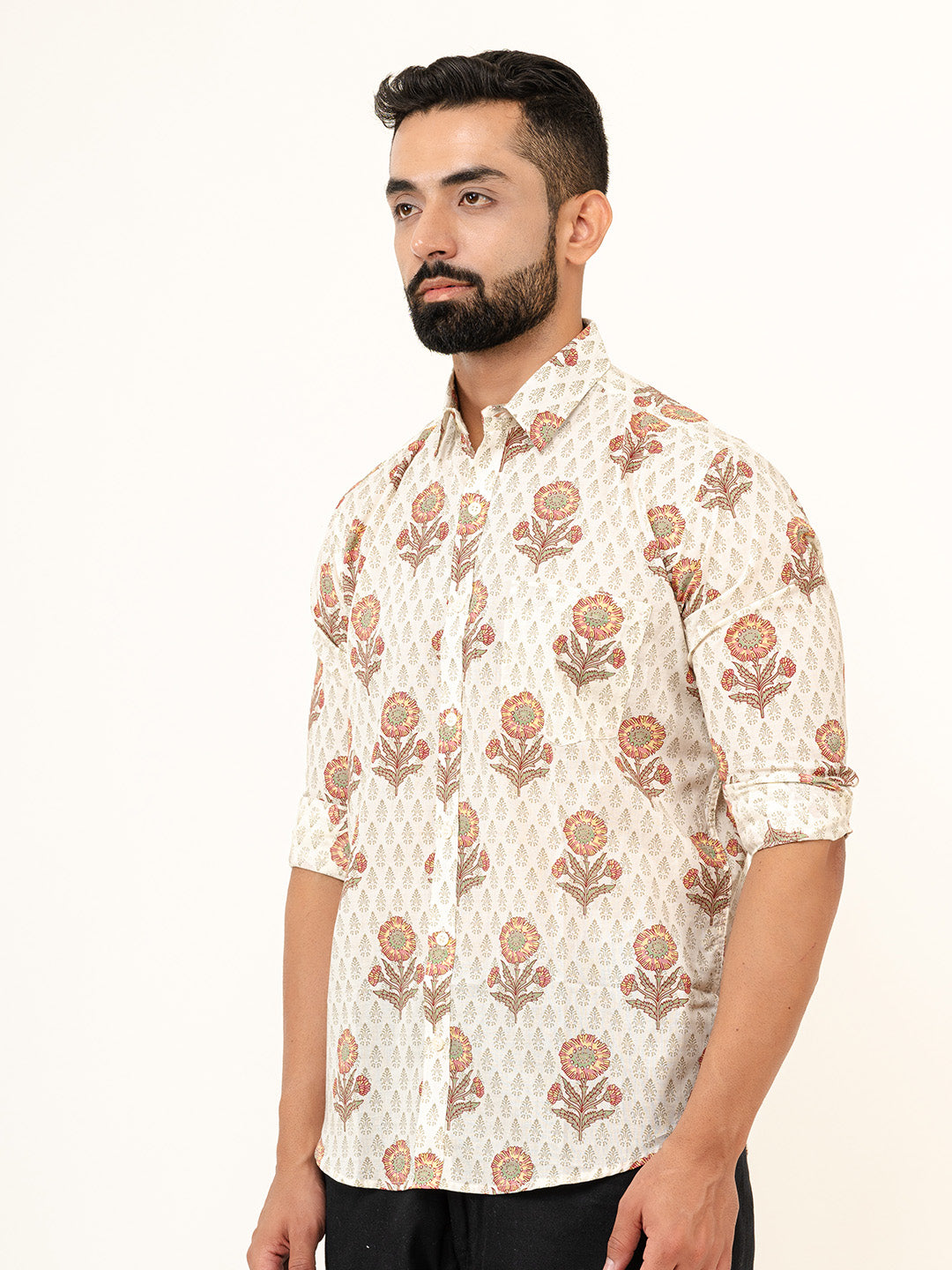 Off White Full Sleeves Cotton Printed Shirt