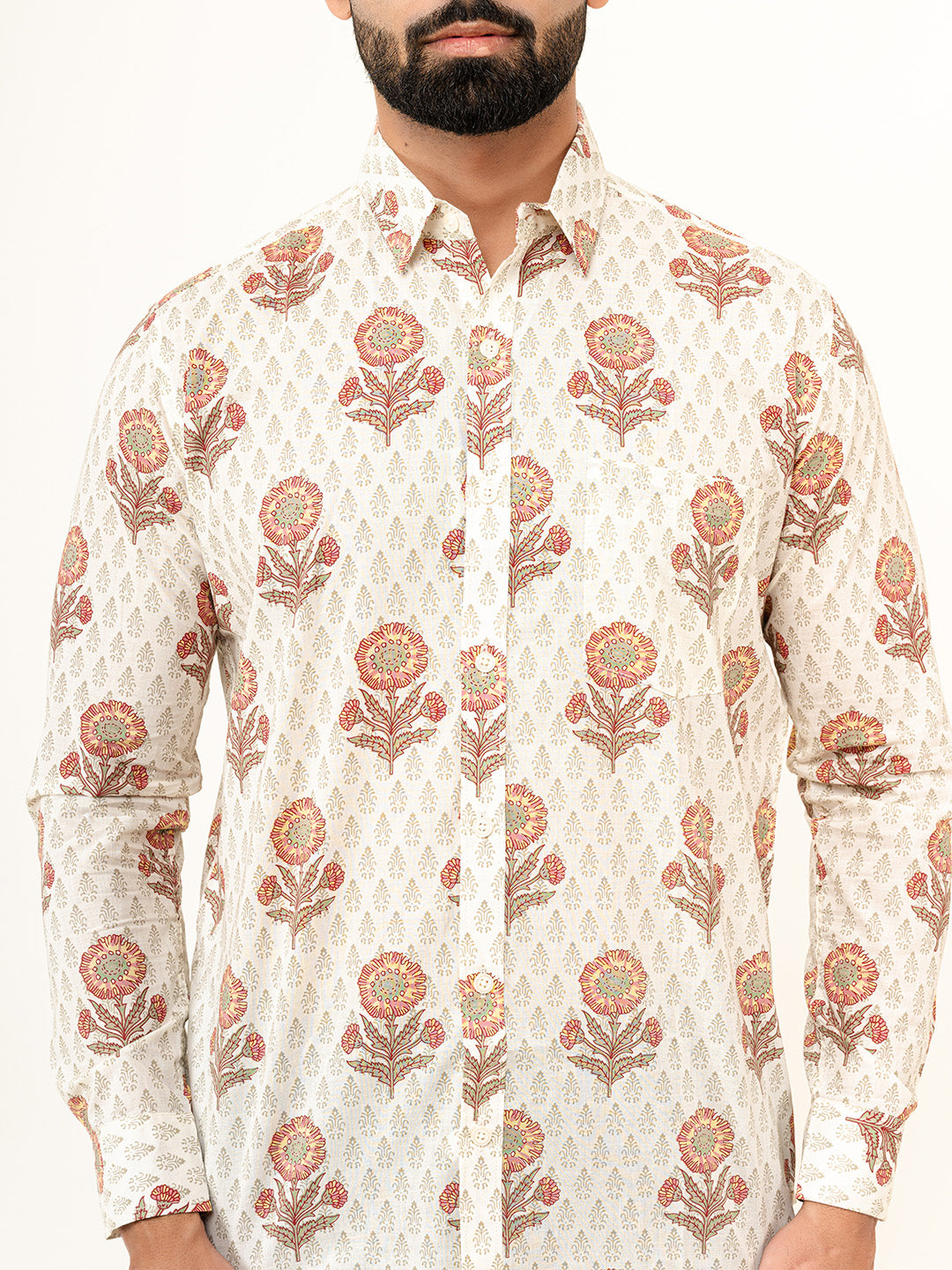 Off White Full Sleeves Cotton Printed Shirt