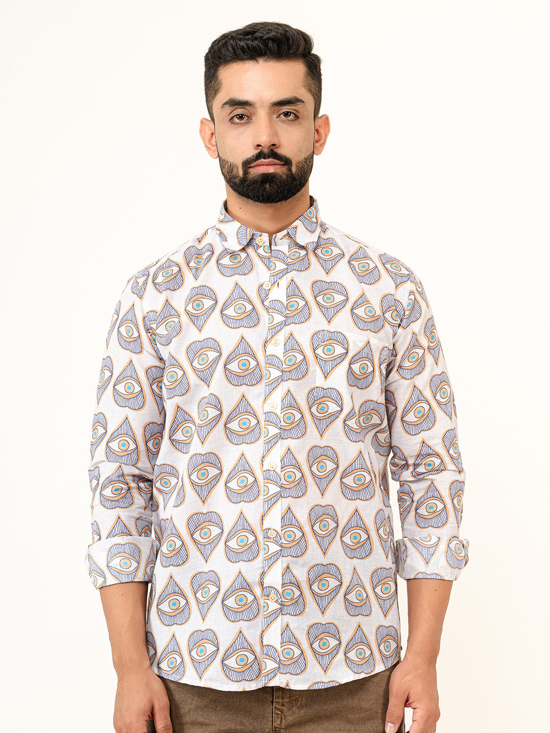 White Evil Eye Full Sleeves Cotton Printed Shirt