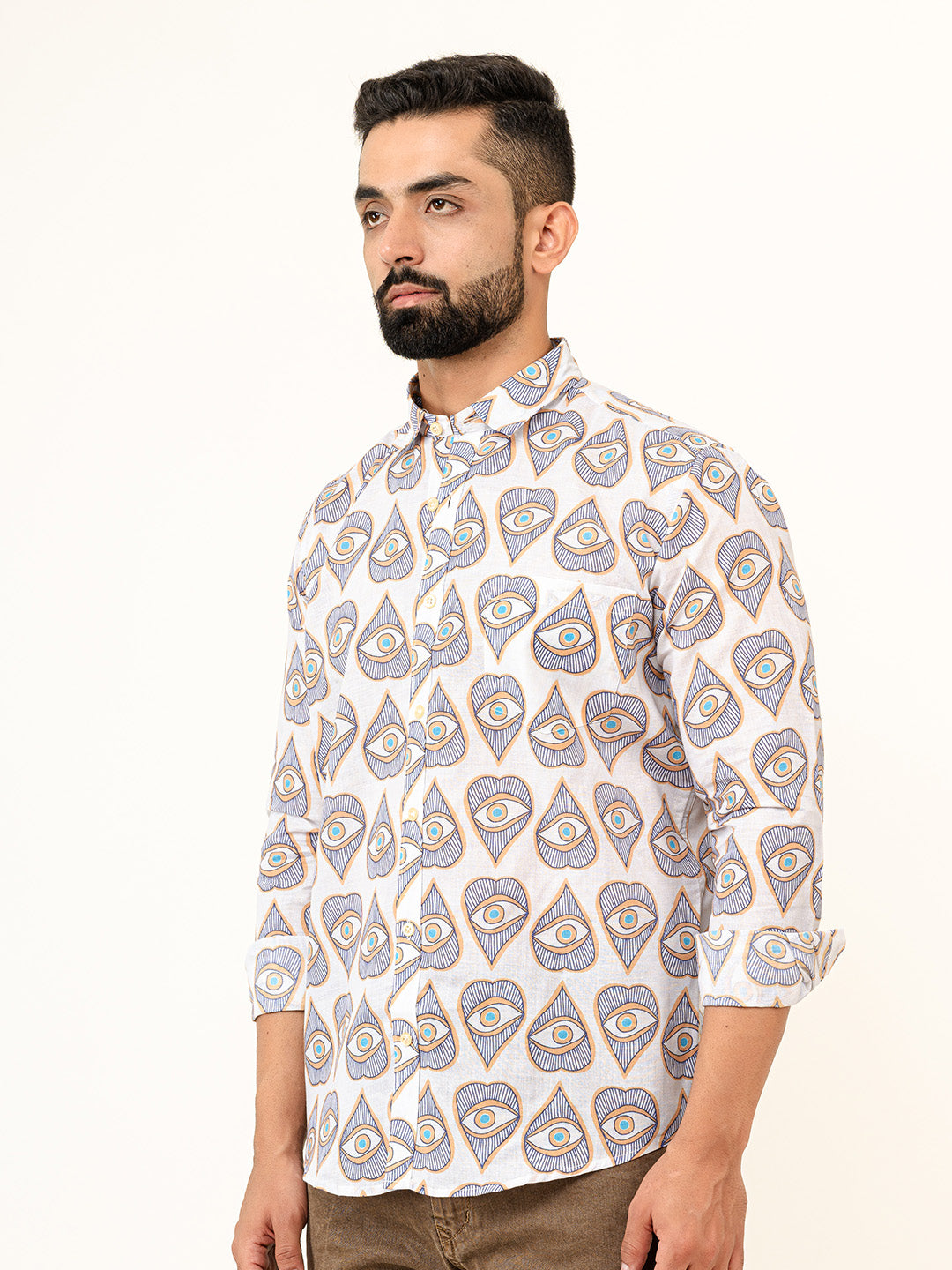 White Evil Eye Full Sleeves Cotton Printed Shirt