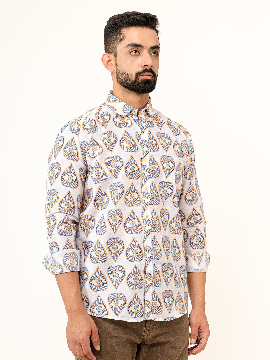 White Evil Eye Full Sleeves Cotton Printed Shirt