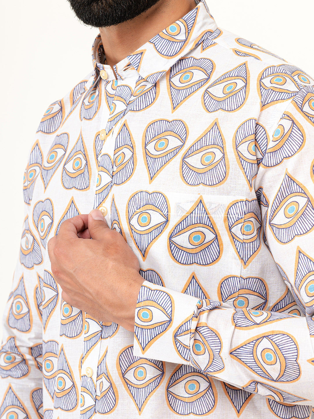 White Evil Eye Full Sleeves Cotton Printed Shirt