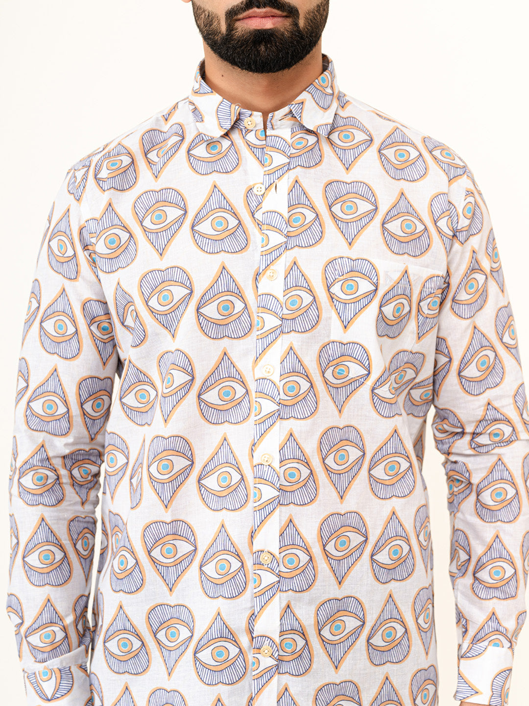 White Evil Eye Full Sleeves Cotton Printed Shirt