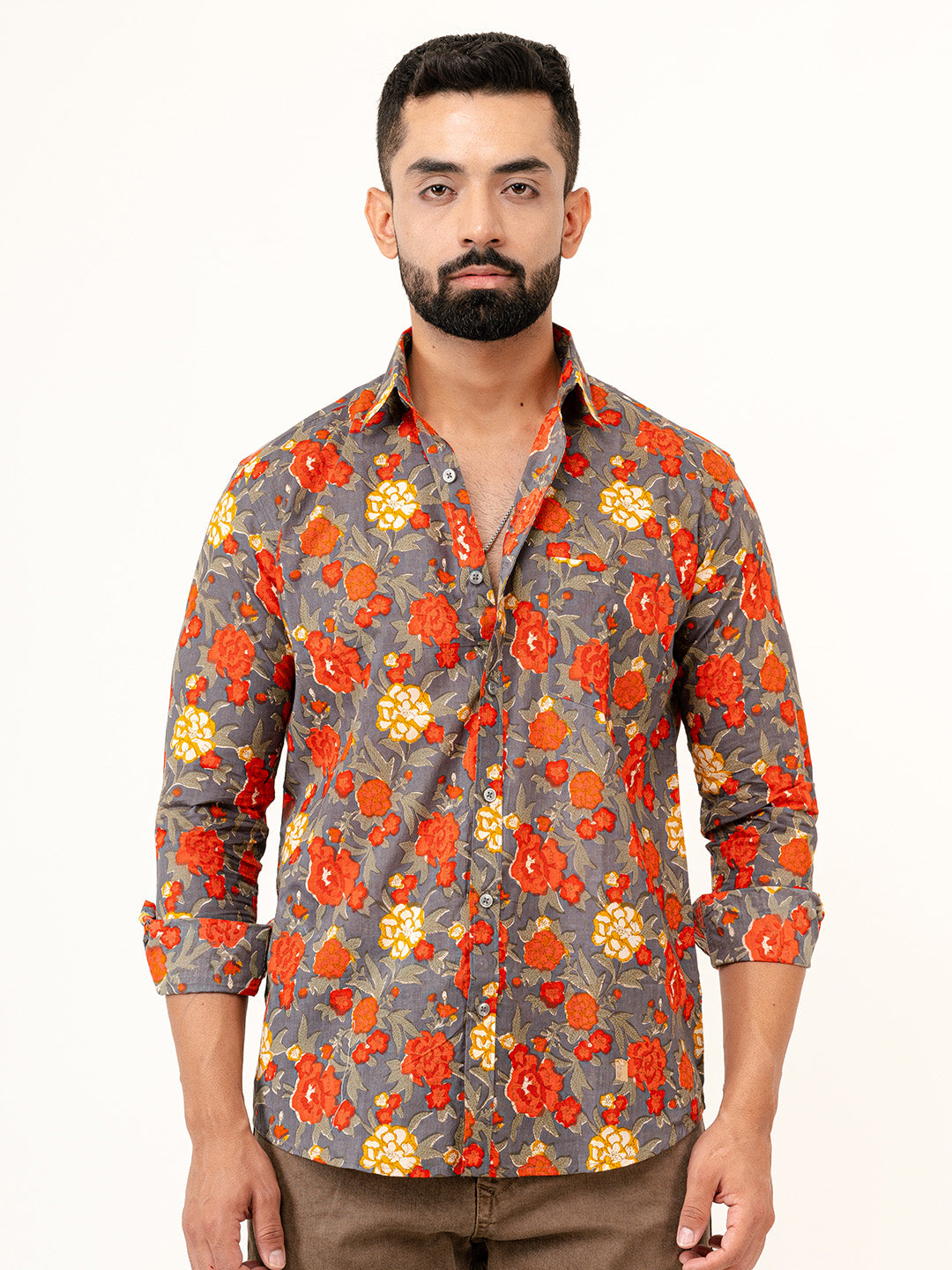 Grey Floral Printed Full Sleeves Cotton Printed Shirt