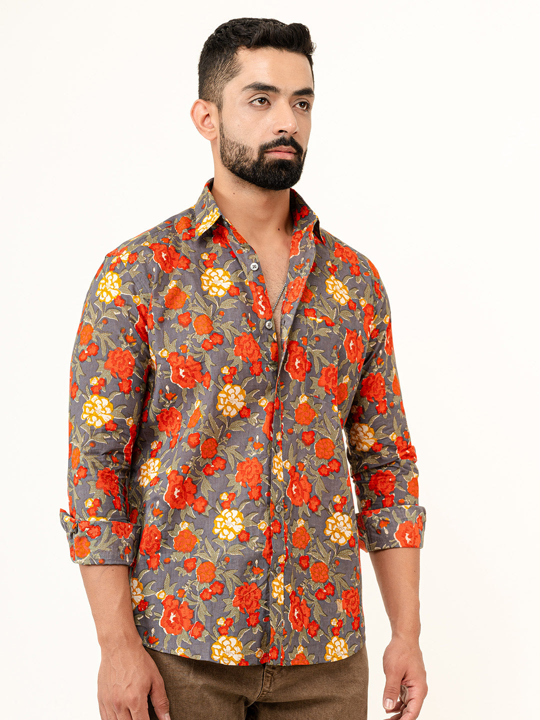 Grey Floral Printed Full Sleeves Cotton Printed Shirt