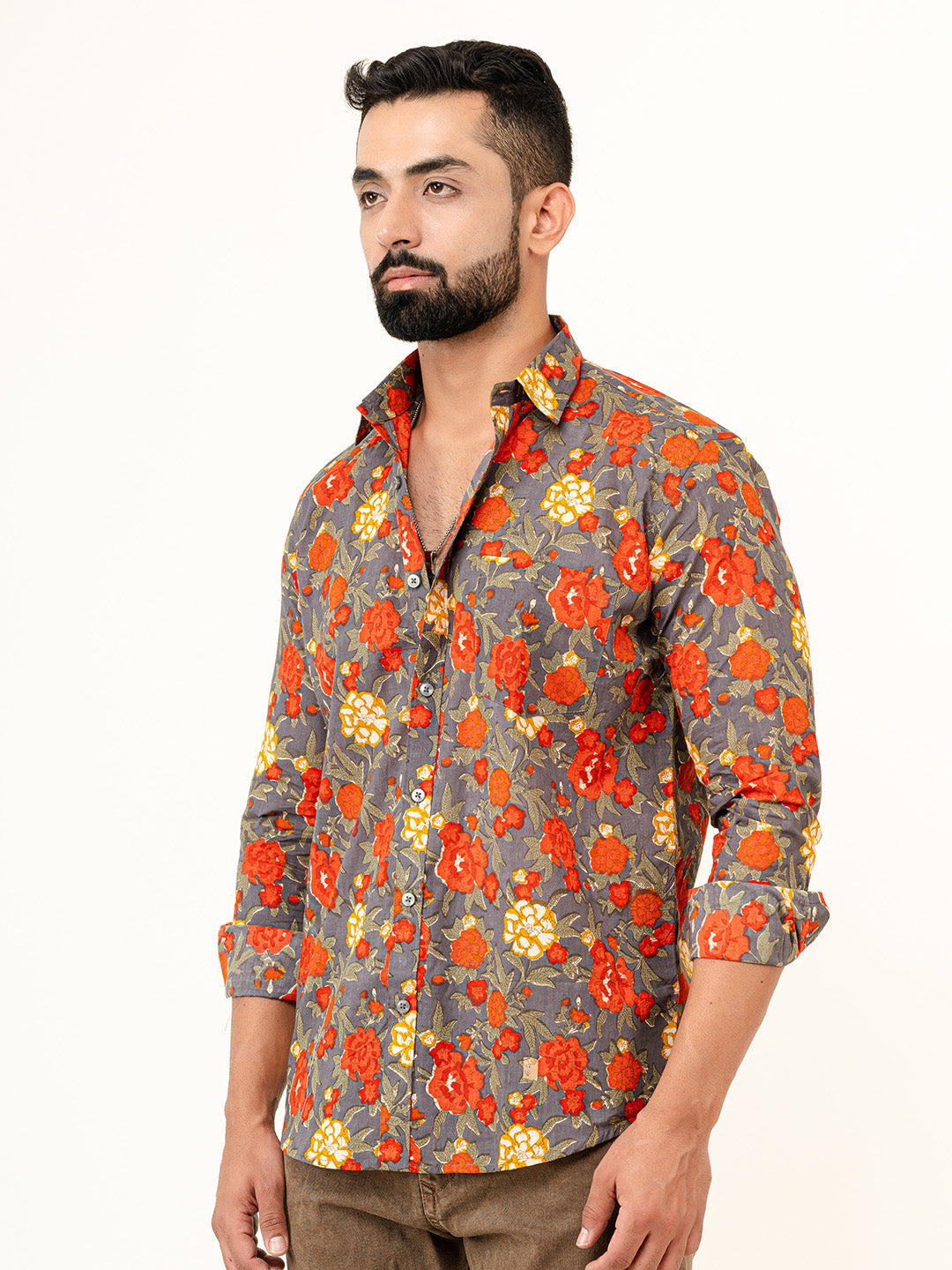 Grey Floral Printed Full Sleeves Cotton Printed Shirt