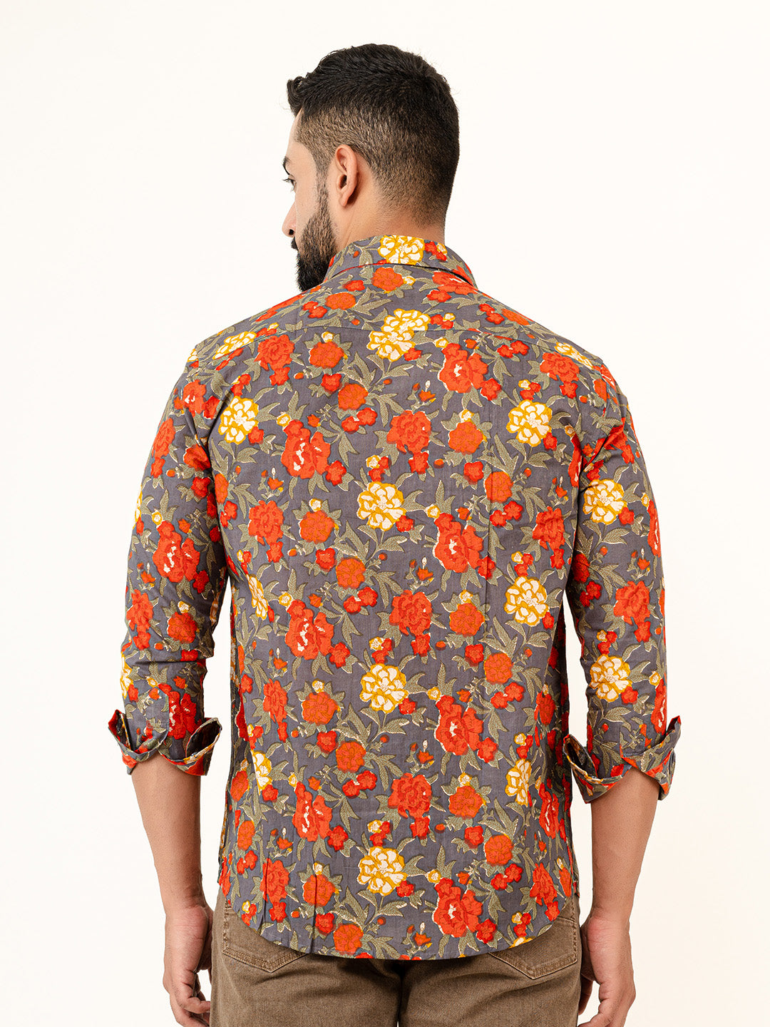 Grey Floral Printed Full Sleeves Cotton Printed Shirt