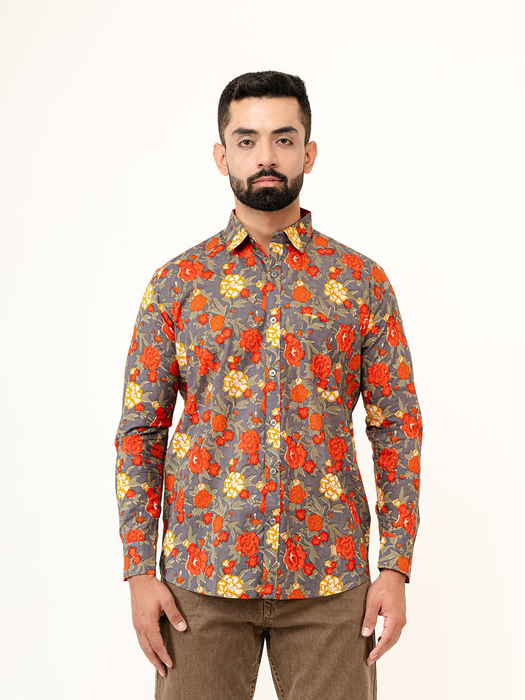 Grey Floral Printed Full Sleeves Cotton Printed Shirt