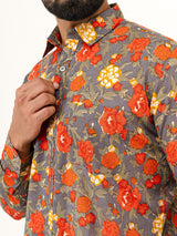 Grey Floral Printed Full Sleeves Cotton Printed Shirt