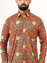 Grey Floral Printed Full Sleeves Cotton Printed Shirt