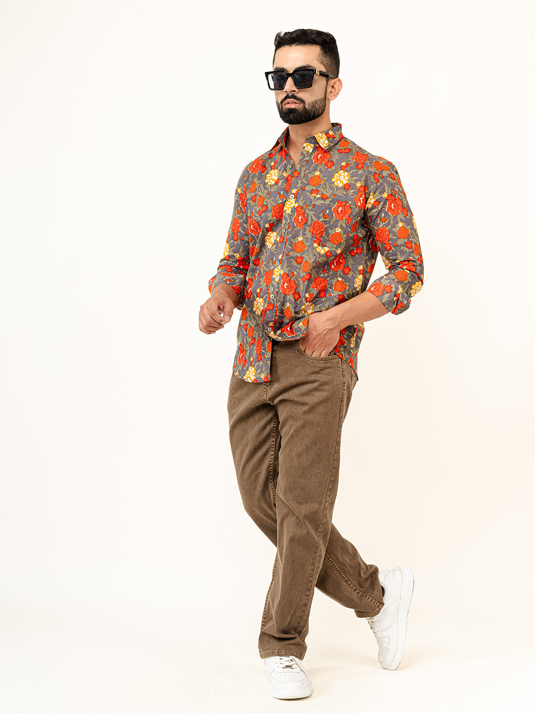 Grey Floral Printed Full Sleeves Cotton Printed Shirt