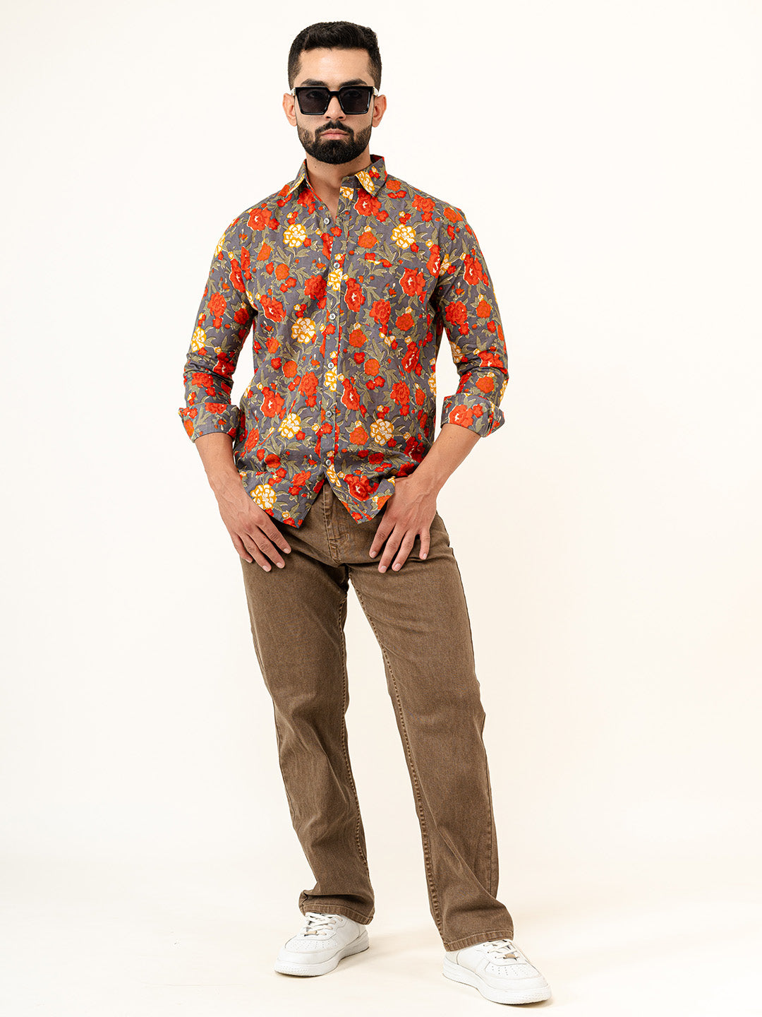 Grey Floral Printed Full Sleeves Cotton Printed Shirt