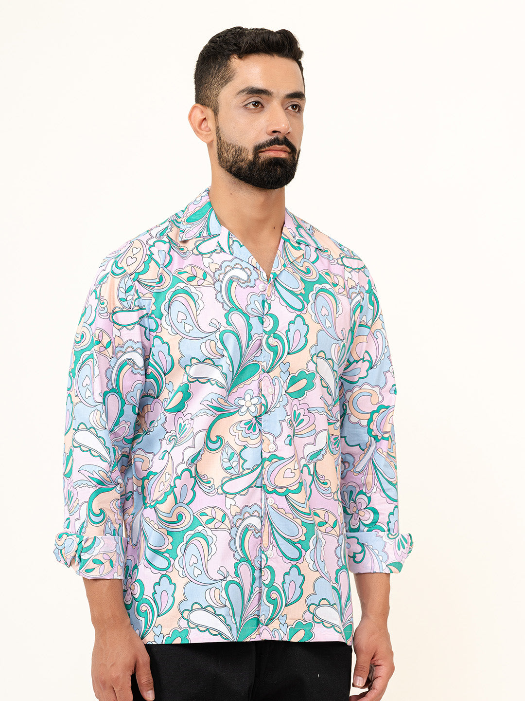 Multicolor Paisley Full Sleeves Cuban Collar Cotton Printed Shirt