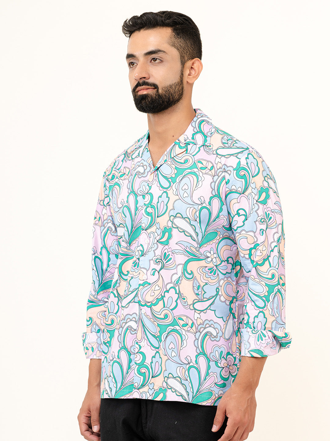 Multicolor Paisley Full Sleeves Cuban Collar Cotton Printed Shirt