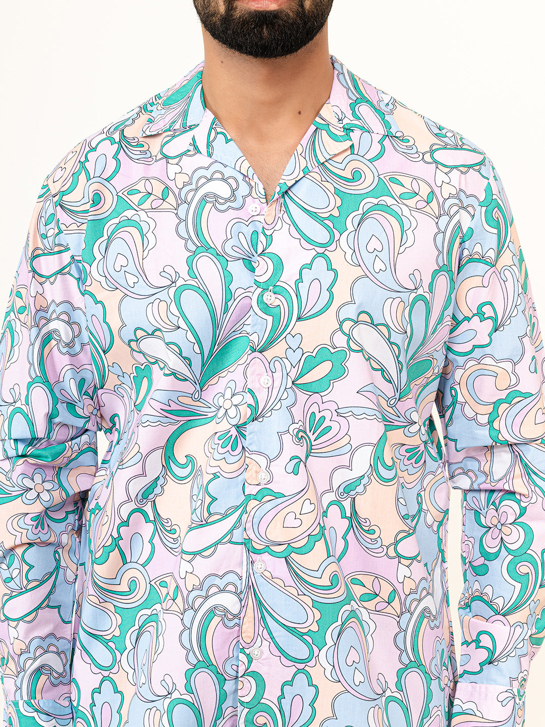 Multicolor Paisley Full Sleeves Cuban Collar Cotton Printed Shirt